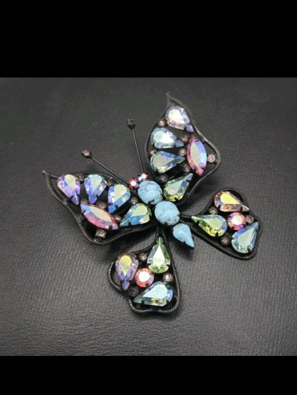 Rare Vintage Warner Signed 1950s Butterfly Pin Black Japanned Crystal Setting